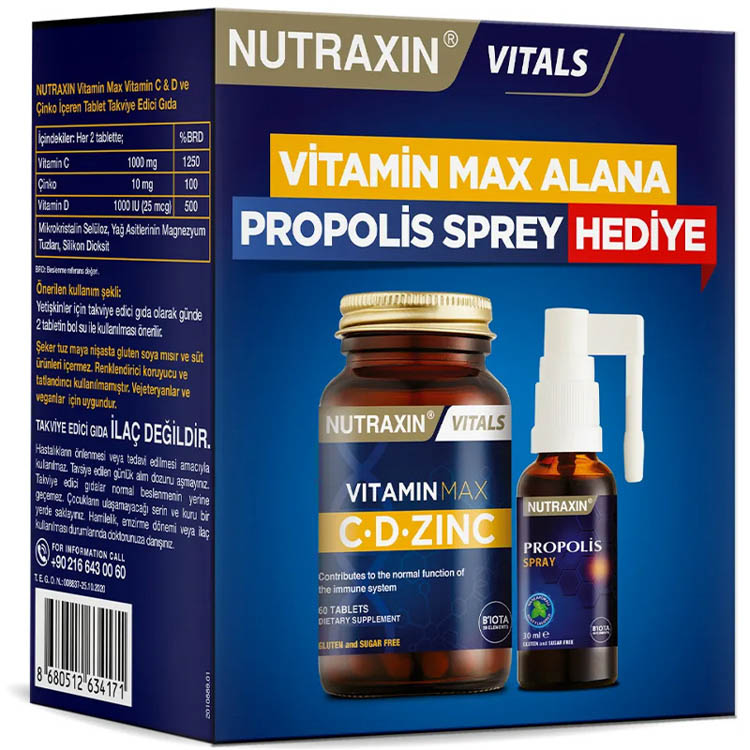 Nutraxin Vitamin Max C-D-Zinc 60 Tablet + Propolis Spray 30 ml