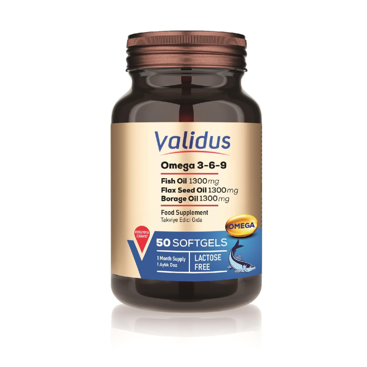 Validus Omega 3-6-9 Softgel Fish Oil 1300 mg + Flax Seed Oil 1300 mg + Borage Oil 1300 mg 50 Softgel